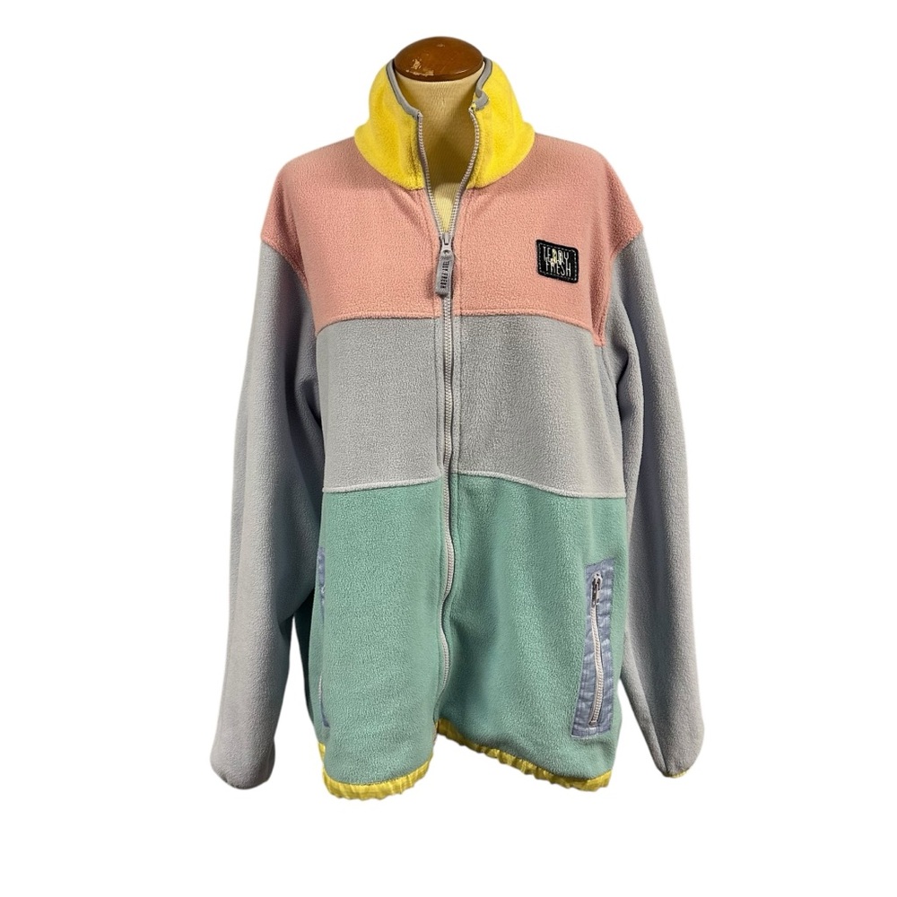 MENS Retro Teddy Fresh 80s Pastel Pink Green Colorblock Fleece Jacket XL